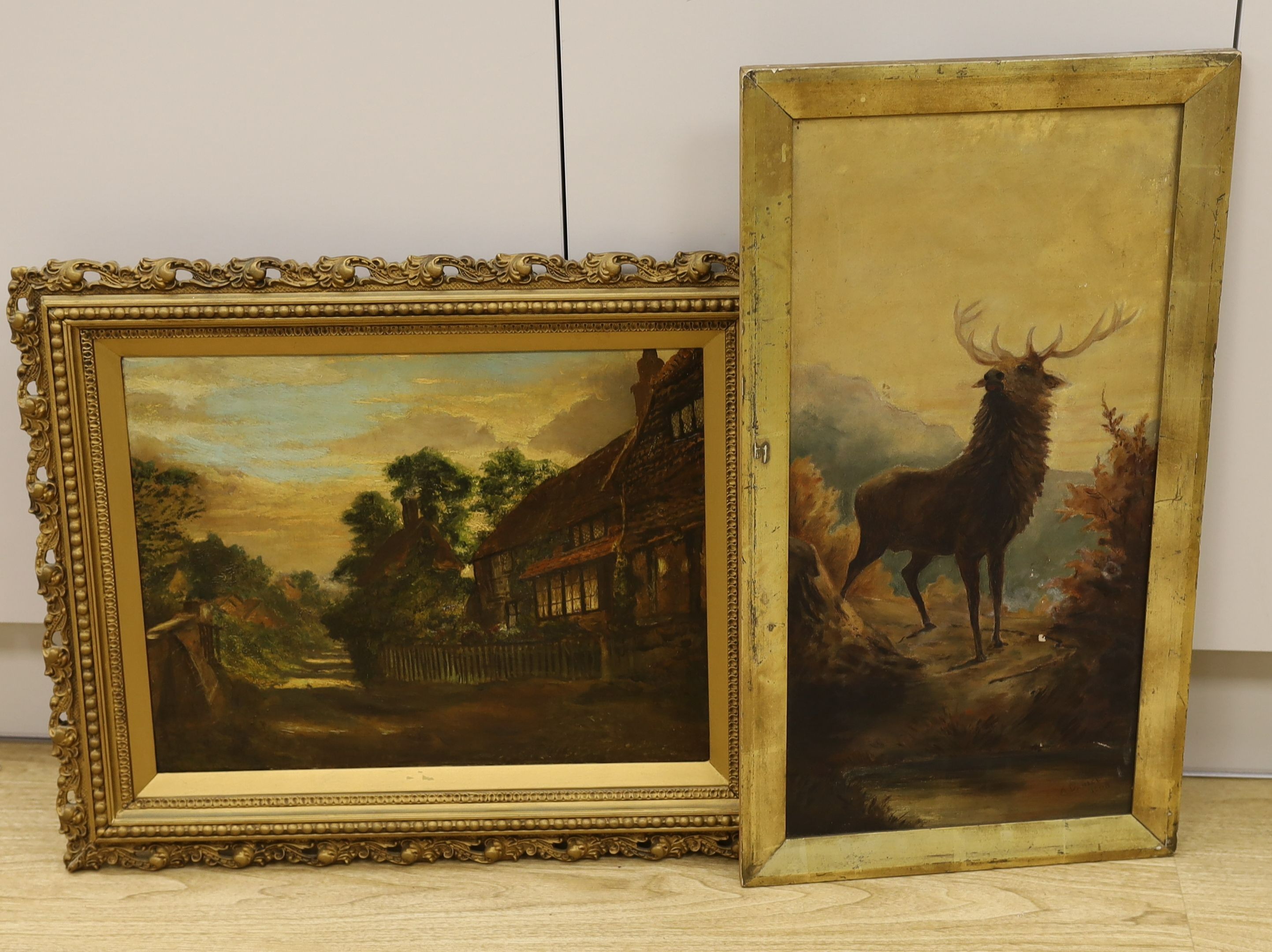 A. Daniel, oil on canvas, Stag in a landscape, signed and dated 1908, 60 x 30cm and a later oil of cottages along a lane, 35 x 45cm